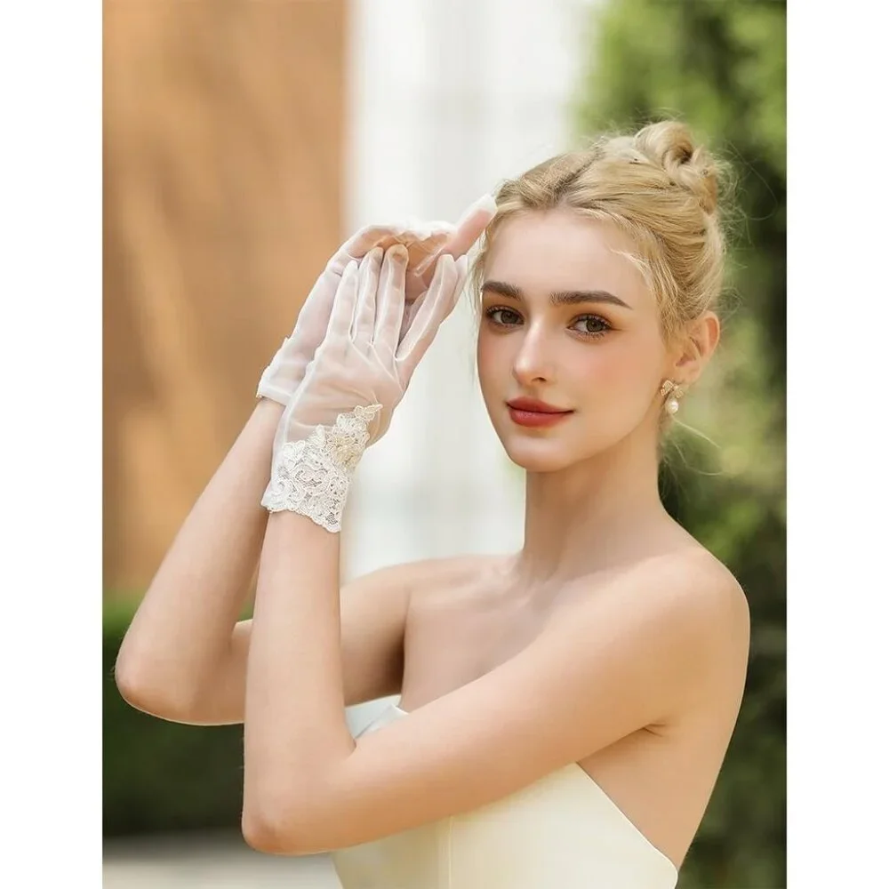 Women's Lvory-5 Short Pearls Lace Border Mesh Gloves Wedding Formal Party Prom